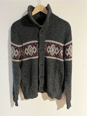 GAP Dark Gray Shawl Collar Cardigan with Maroon Fair Isle Band